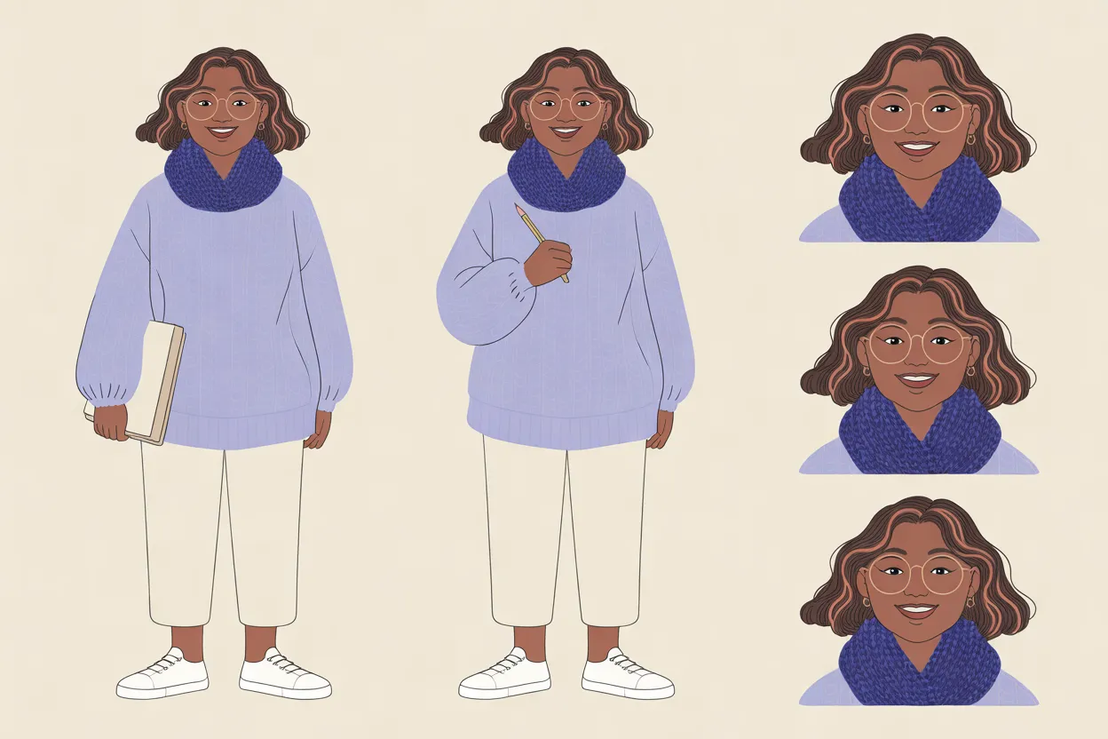 The Daydreamer character sheet: full-body views and portraits on a cream background