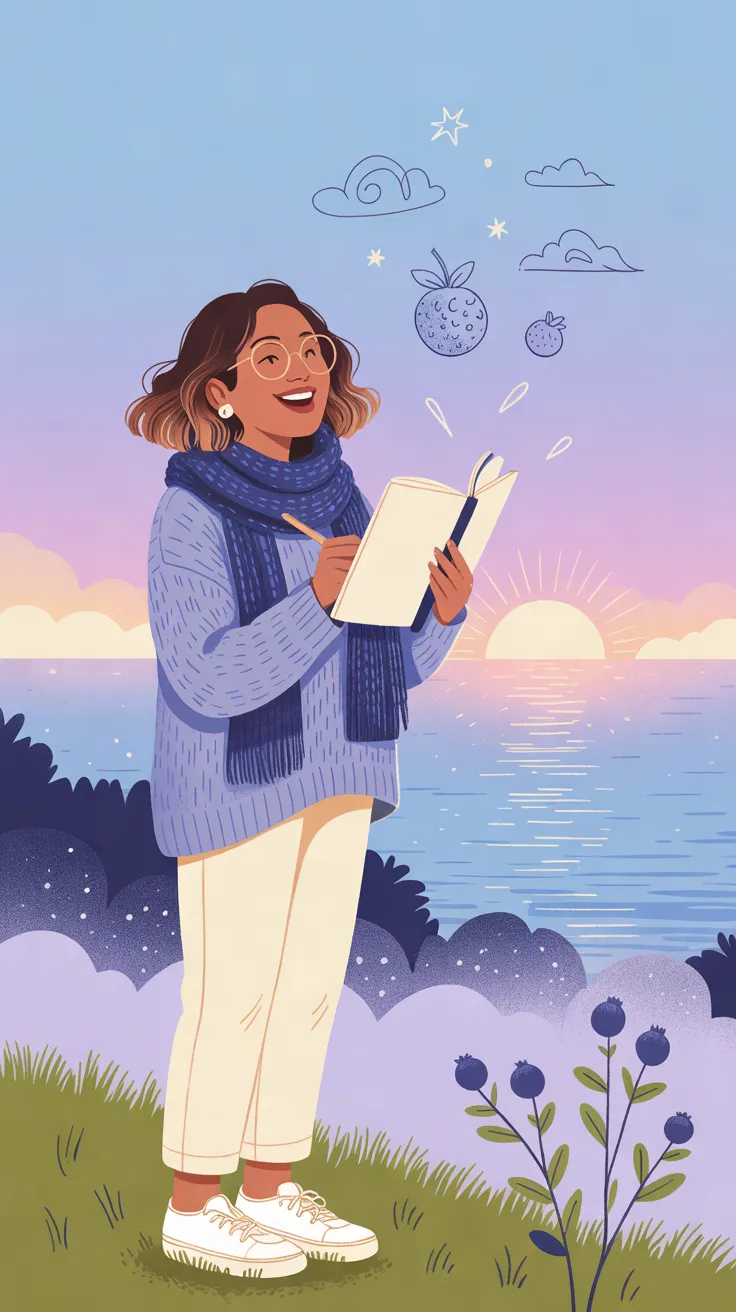 The Daydreamer standing on a foggy coastal bluff at sunrise, notebook in hand