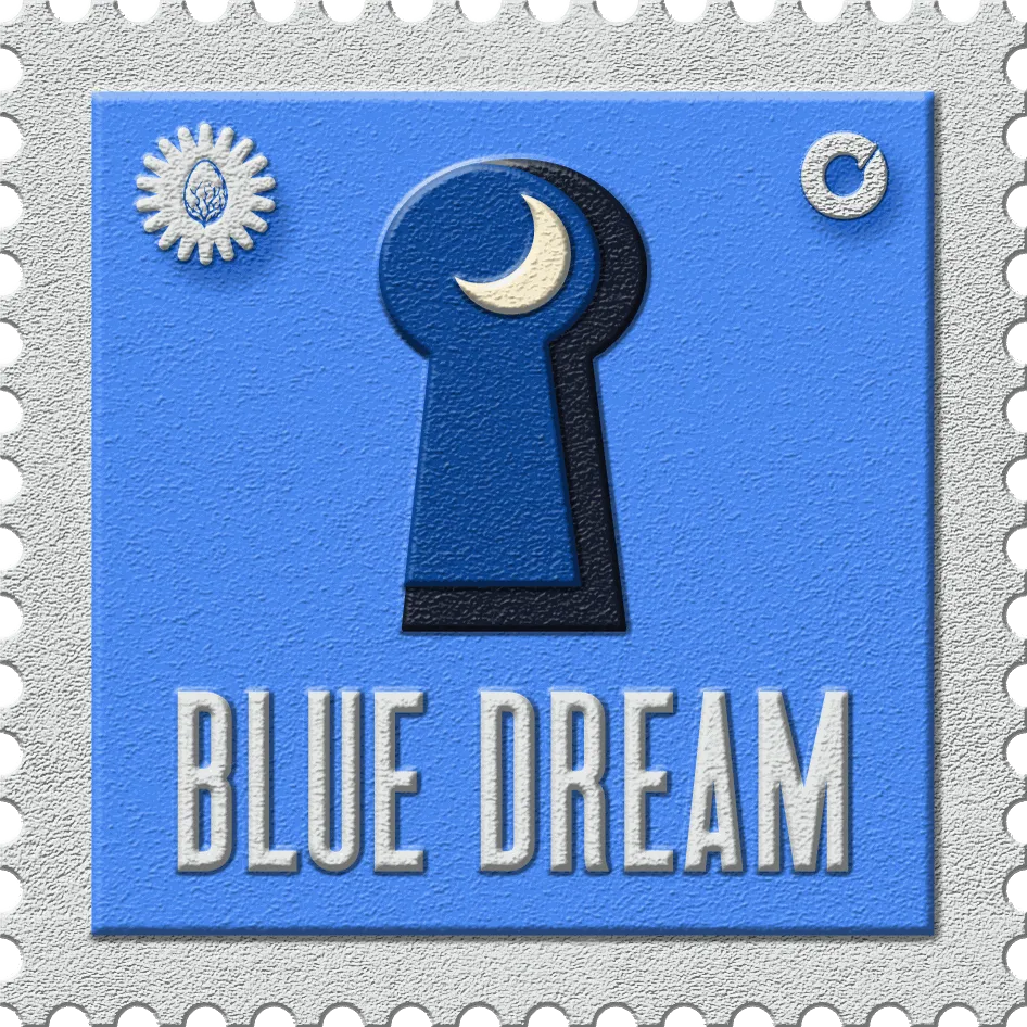 Blue Dream stamp, No. 01 in the Official Cannabis collection: a navy keyhole with a crescent moon in it, on blue